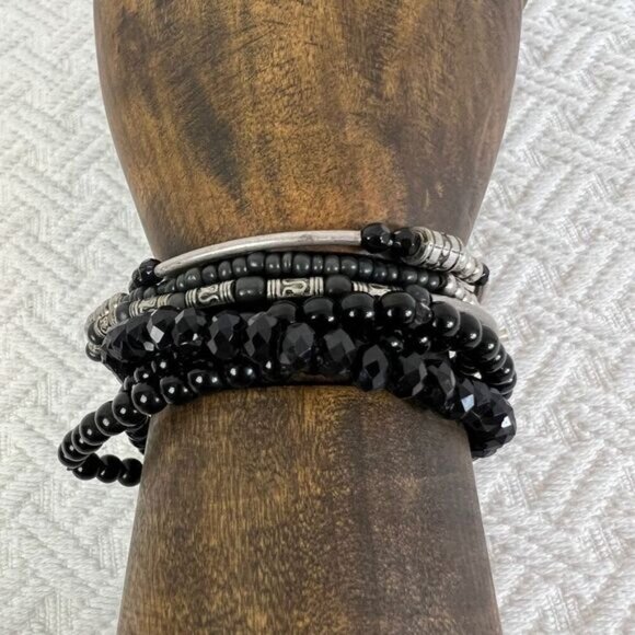 Vintage Lot Black Silver Tone Beaded Layered Statement Bracelets Boho Grunge - Picture 2 of 9